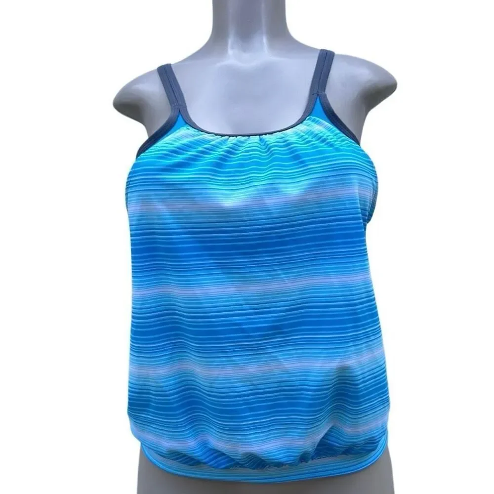 Free Country Swim Tankini Top Women's Medium Blue Striped Blouson Style